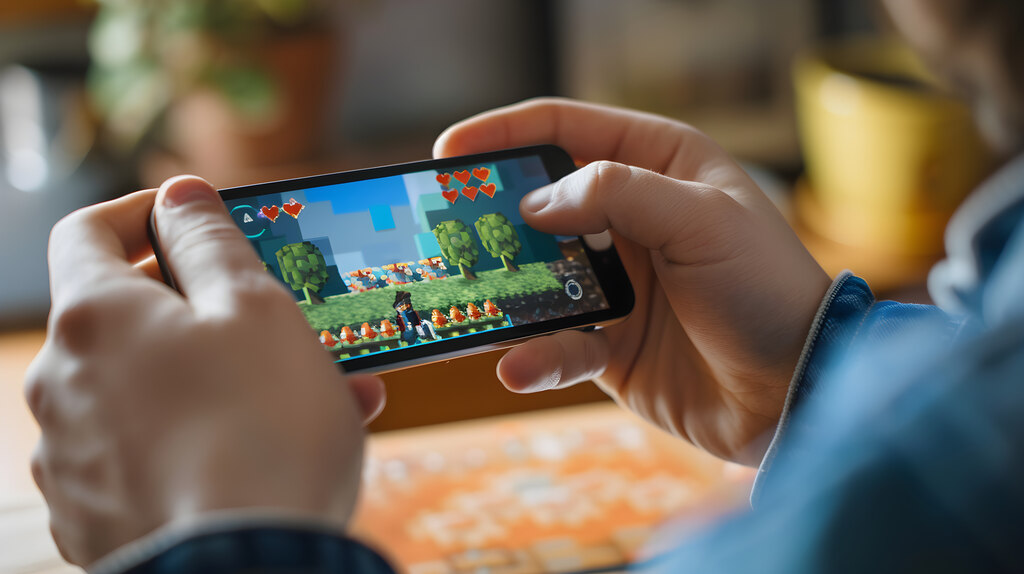 A preson holding phone with both hands playing mobile games