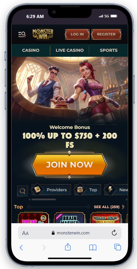 MonsterWin Casino Mobile View