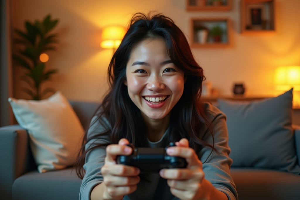 Woman is smiling while playing video game on couch