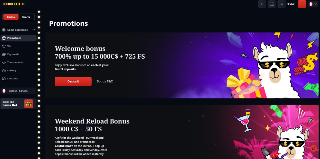 Screenshot of LamaBet Bonus Page