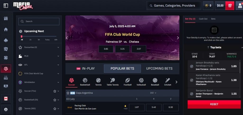 Main layout of Mafiacasino sports section.