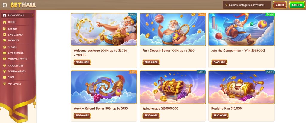 Bethall Casino promotions page showing bonuses