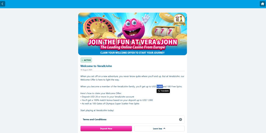 Vera&John Casino Bonus Page