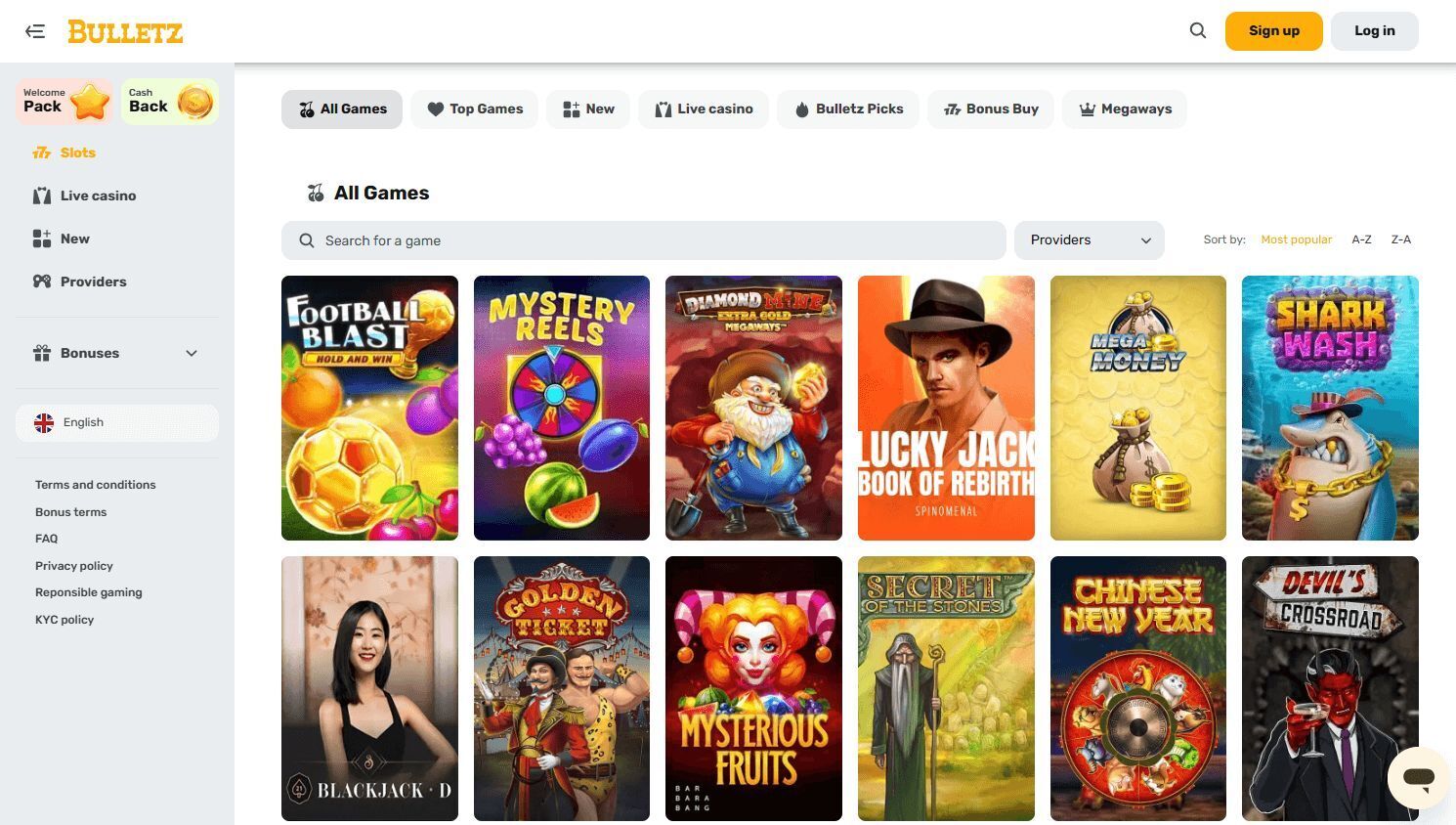 Bulletz Casino games lobby