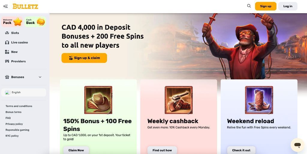 Bulletz Casino bonus page