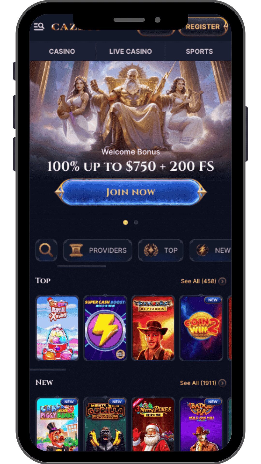 Cazeus casino mobile view