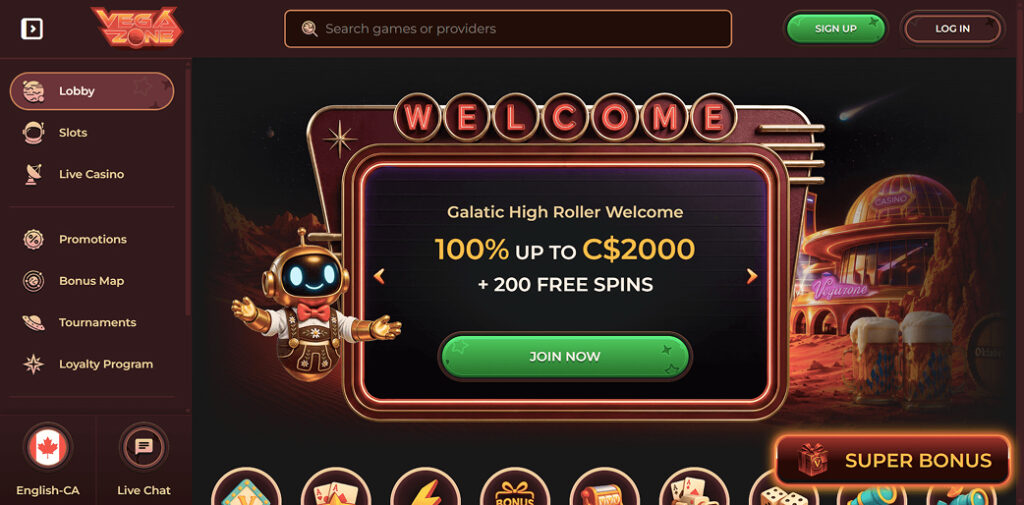 screenshot of VegaZone homepage showing welcome bonus