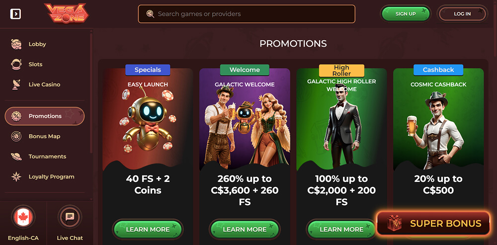 screenshot of VegaZone Promtions section