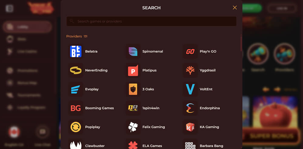 screenshot of VegaZone game providers list