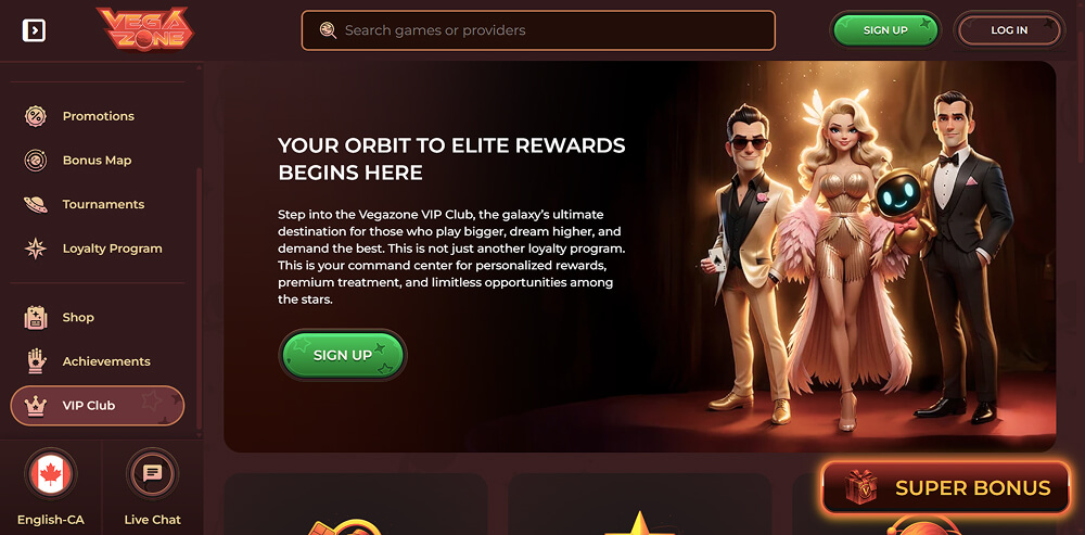 screenshot of VIP Club section on VegaZone