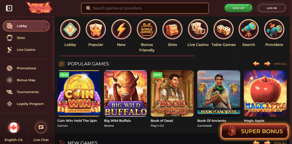 screenshot of VegaZone's game lobby