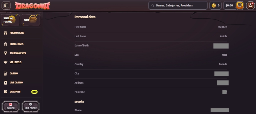 Dragonia Casino registered test account
