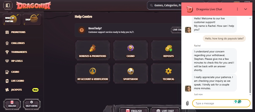 Dragonia Casino help center and live chat inquiry discussing payout timeframes
