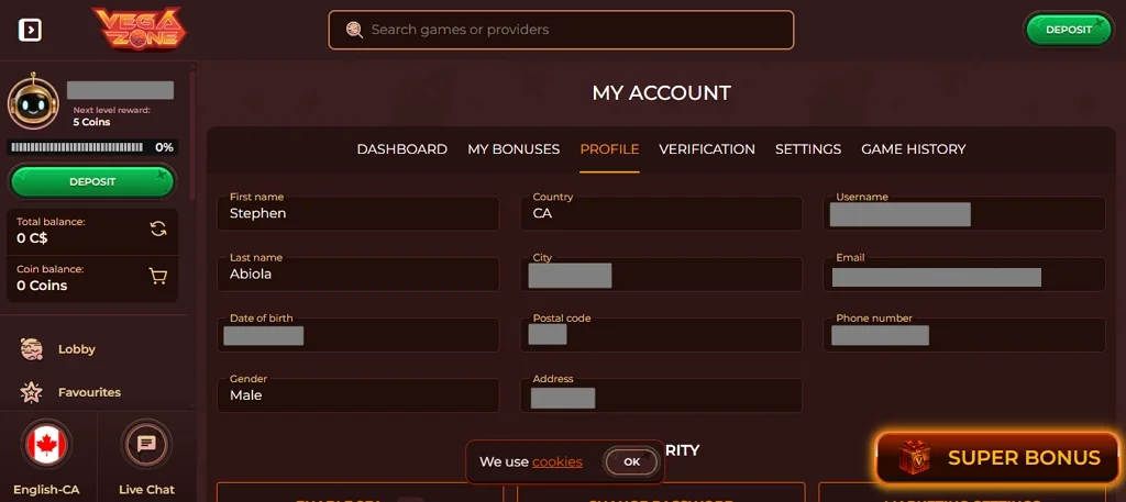 Vegazone Casino registered test account profile page.