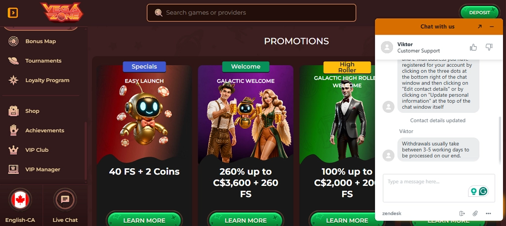 Vegazone Casino live chat support discussing withdrawal processing timeframes.