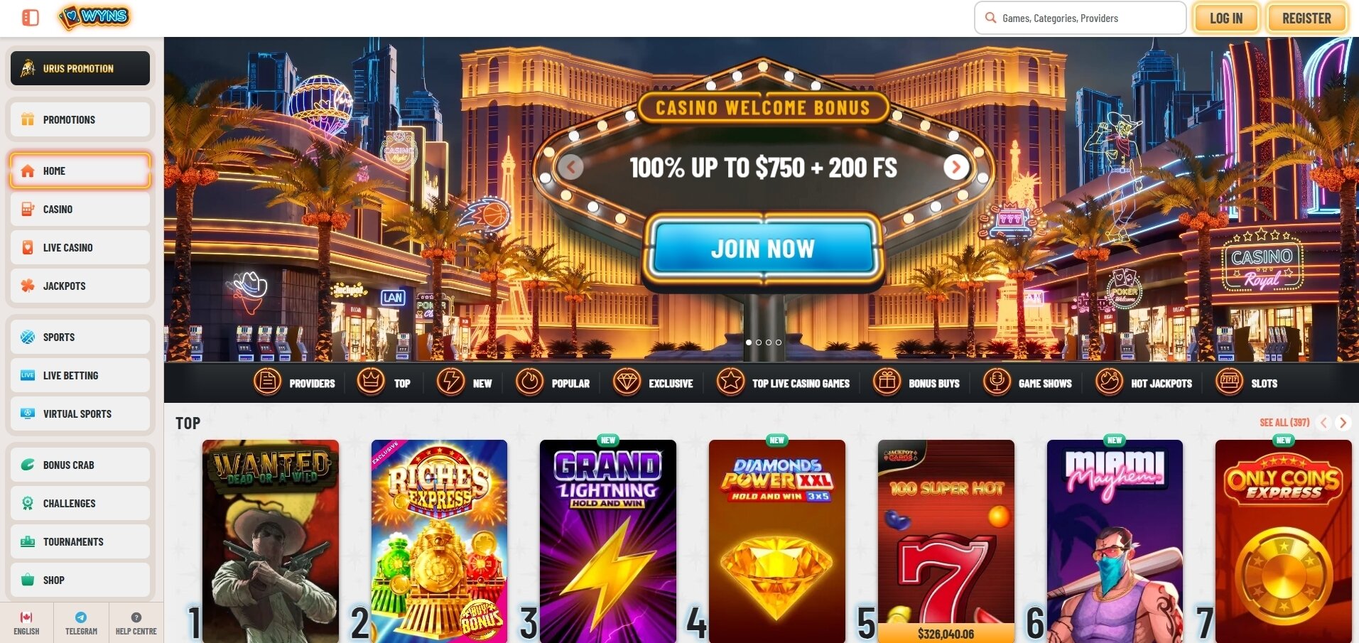 Wyns Casino Homepage