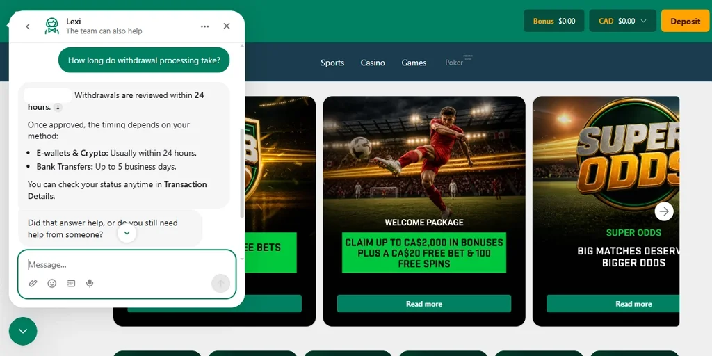 Jumbobet Casino live chat support screenshot discussing withdrawal processing times