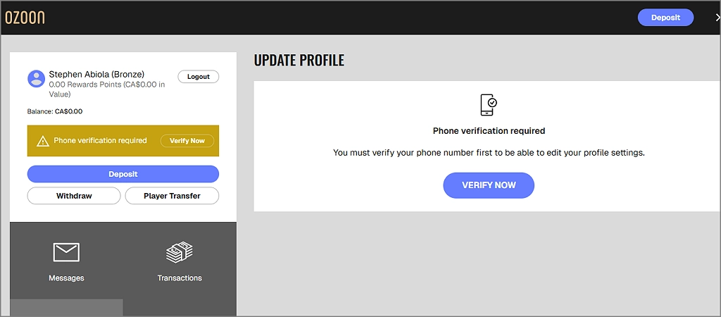 Ozoon Casino registered test account dashboard showing Bronze tier status and verification requirements.