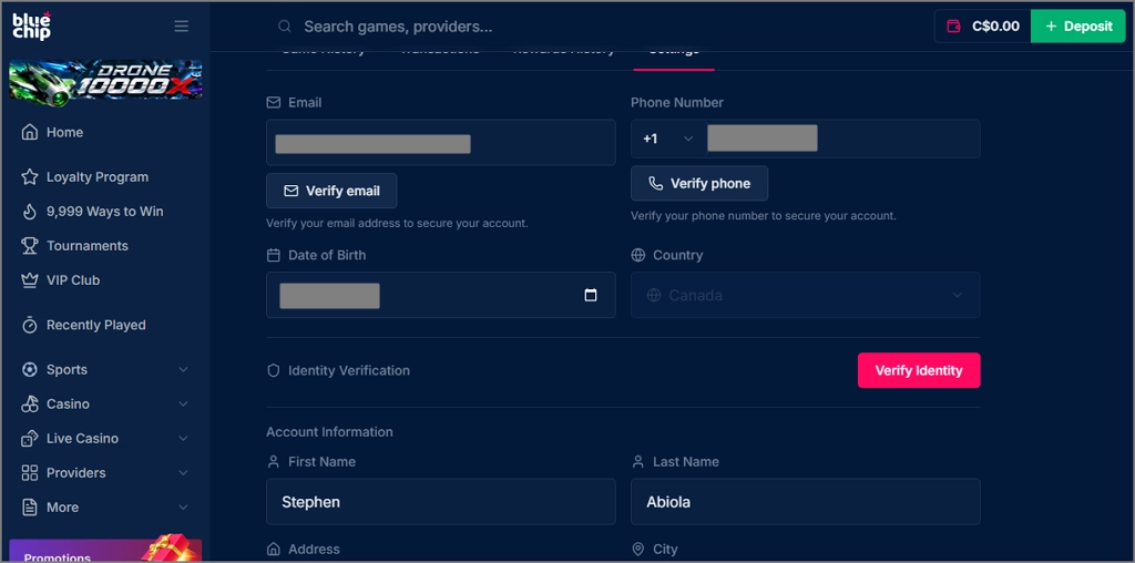 Bluechip Casino account verification process screenshot from registered test account