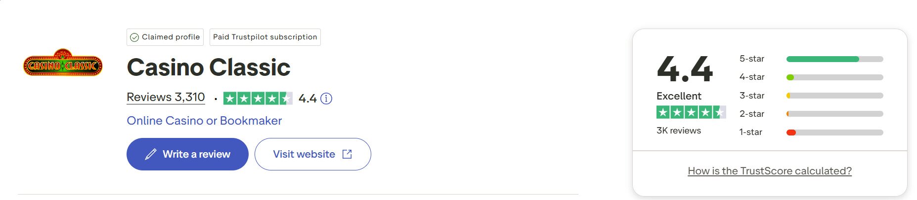 Casino-classic-trustpilot-review-score-screenshot