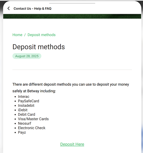 Screenshot from Betway Website with Banking options