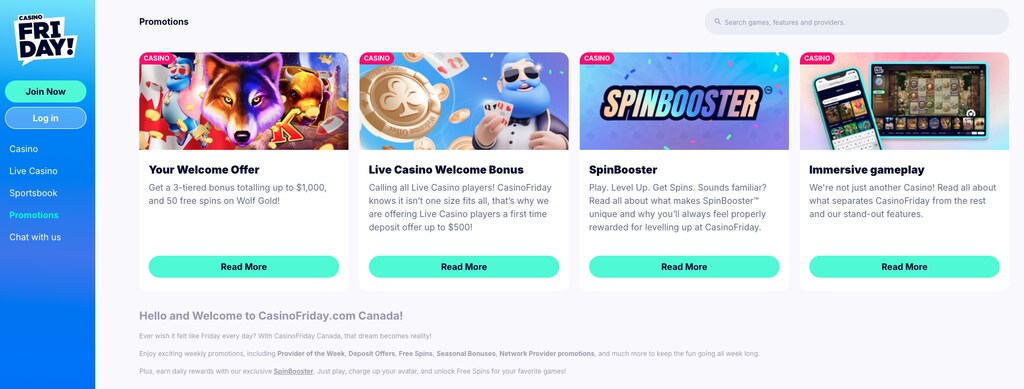 Casino Fridays Promotions Page showing bonuses