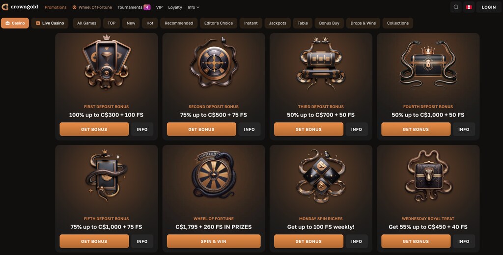 Crown Gold's promotion page showing bonuses