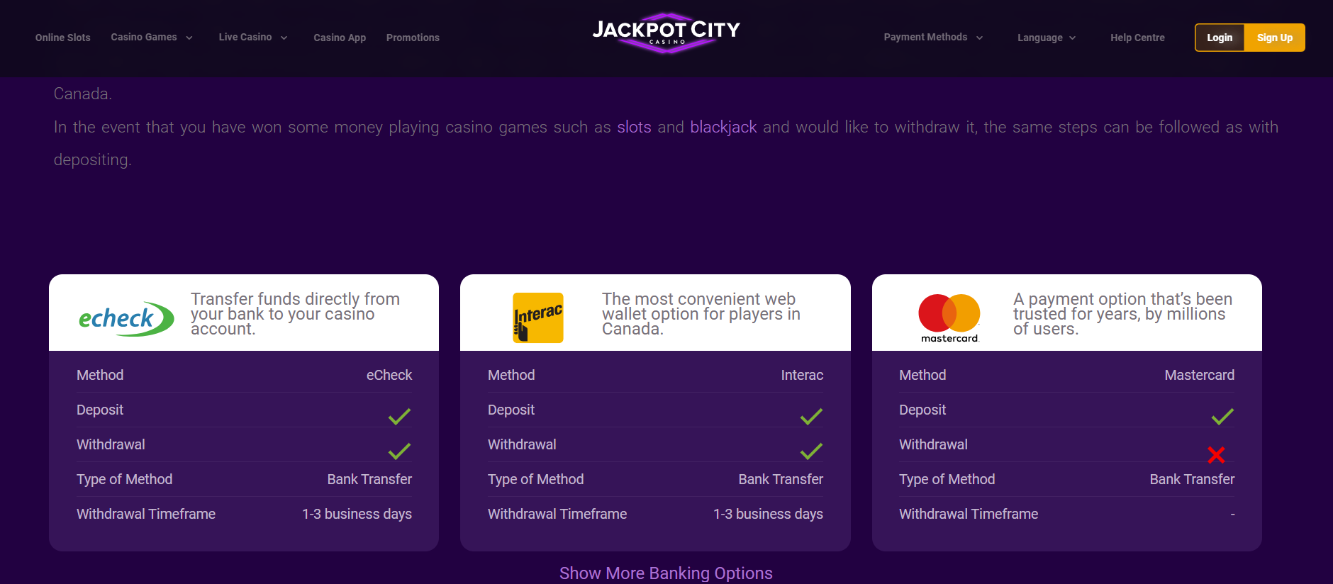 Screenshot of eCheck option at Jackpot City