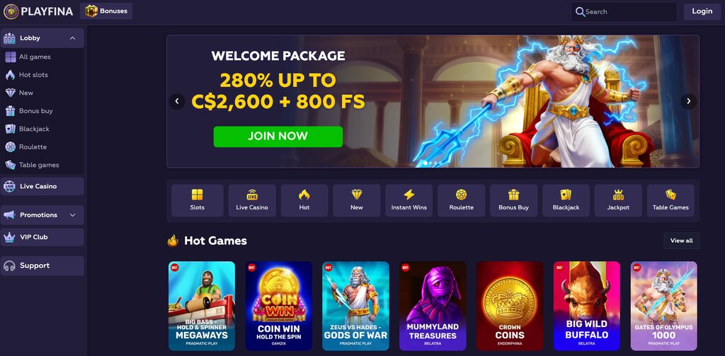 Playfina Casino Home page