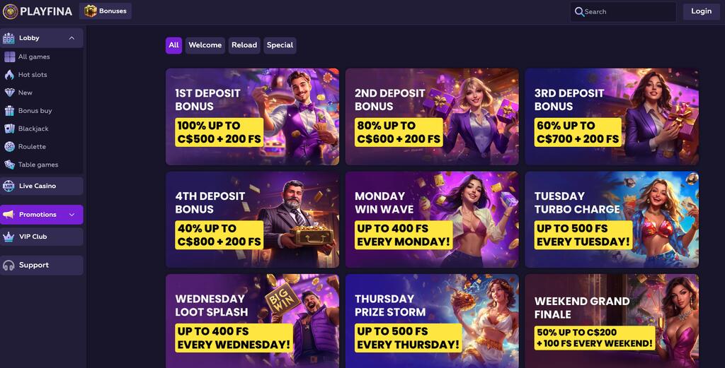 Playfina casinos promotion page showing bonuses