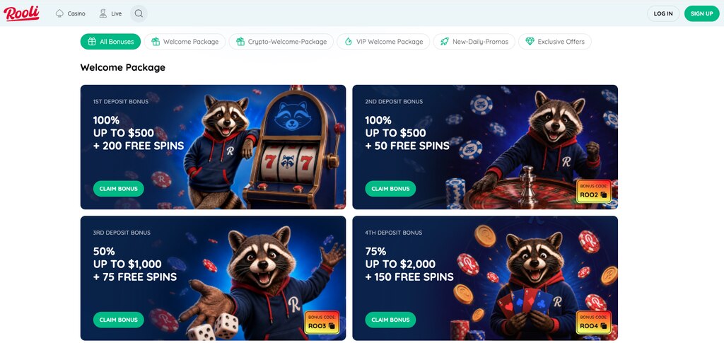 Rooli Casinos promotions page showing bonuses