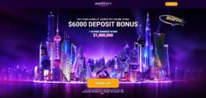 Jackpot City Casino website screenshot with welcome offer and sign up button