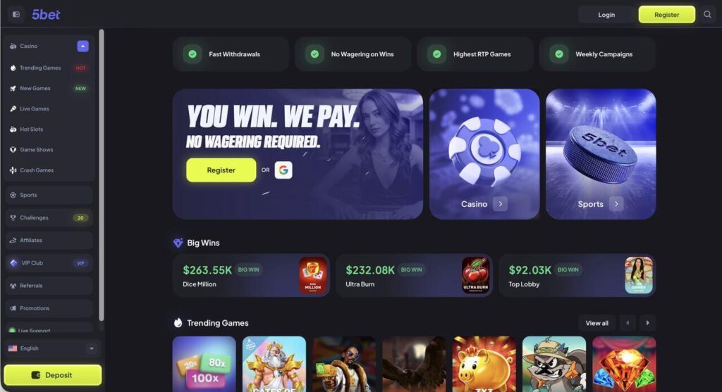 5Bet-Casino-Homepage-displaying-welcome-bonus