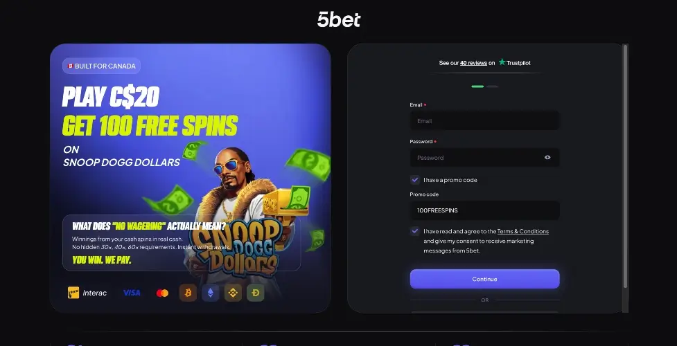 Screenshot showing 5Bet casino welcome bonus