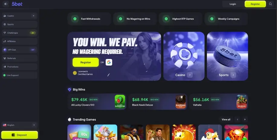 Screenshot showing the 5Bet online casino home page with no wagering bonus and games