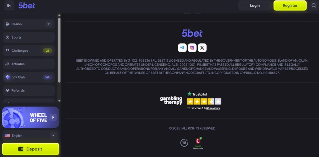 5betcasino showing Anjouan License 