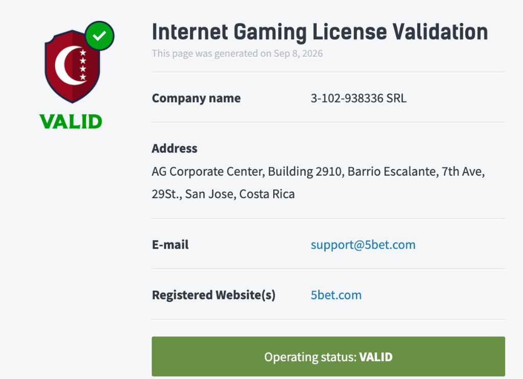5bet Casino Anjouan gaming license verification showing active license status on official website