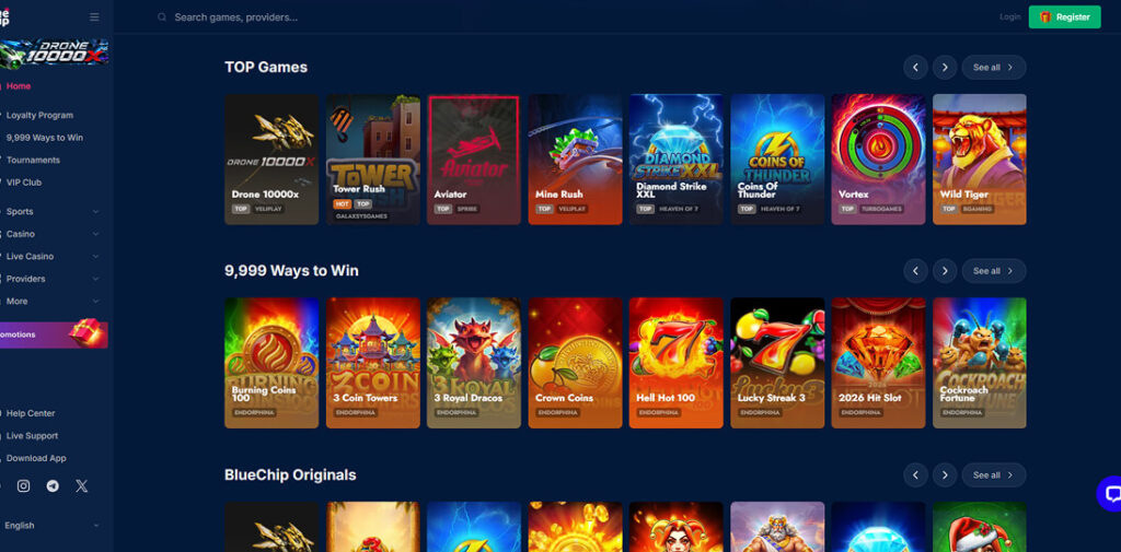 screenshot of BlueChip casino game library