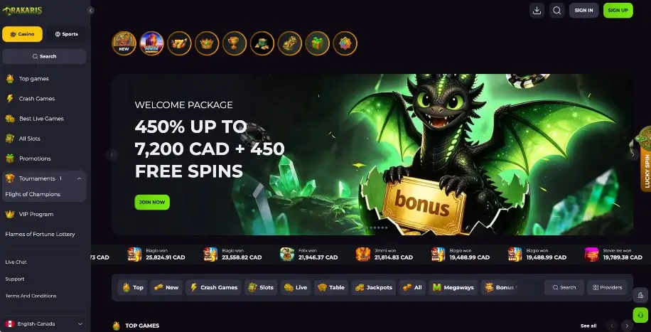 Drakaris Casino homepage showing featured casino games, promotions and navigation options