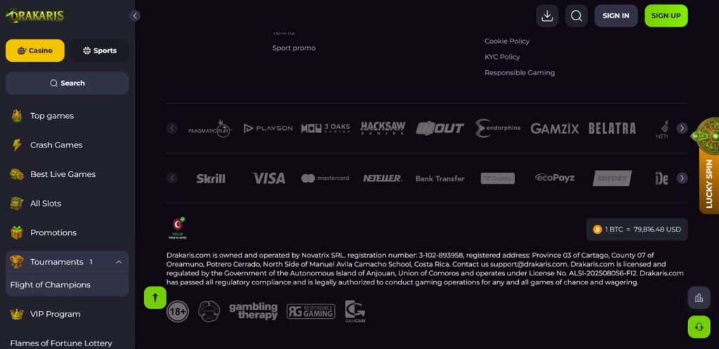 Drakaris Canada landing page footer showing Anjouan license