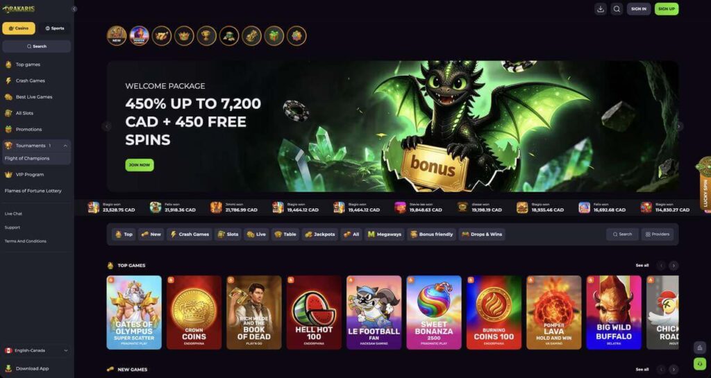 Drakaris-Homepage-displaying-welcome-bonus-and-game-library