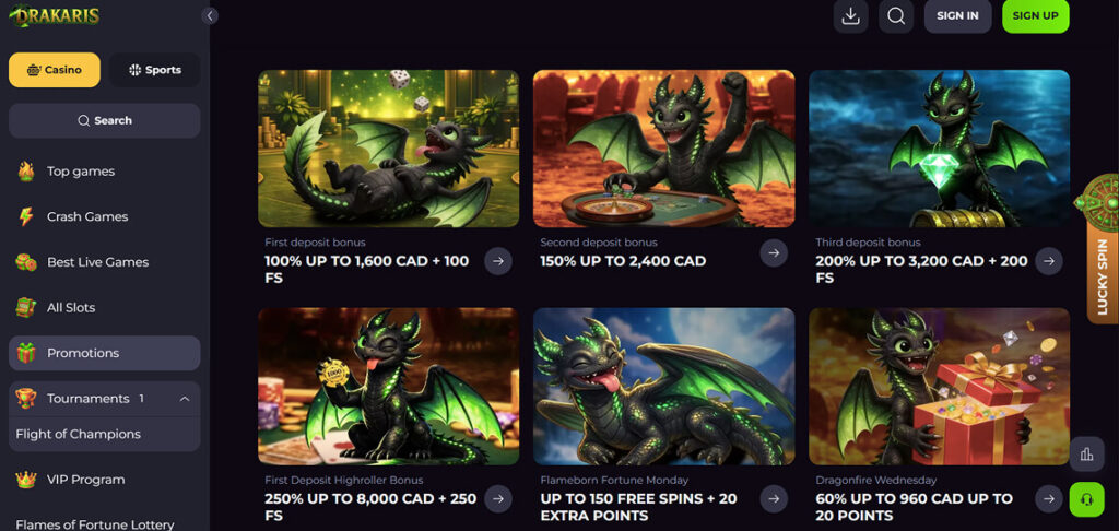 screenshot of Drakaris casino promotion page