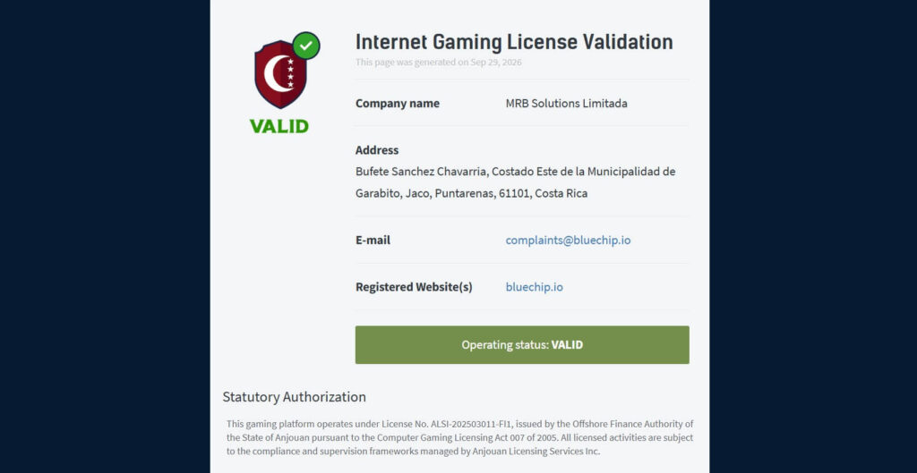 Screenshot displaying proof-of-Anjouan-License-for-BlueChip-Casino-Canada