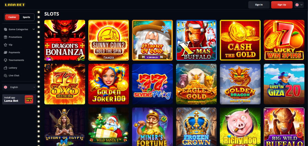screenshot of LamaBet Casino Slot Section
