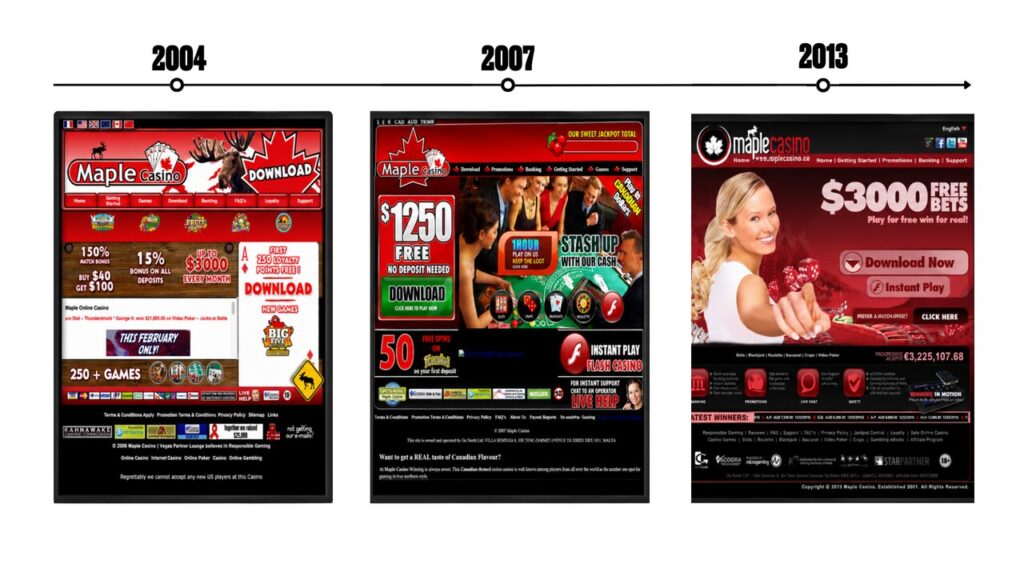 Maple Casino website evolution from 2005 to 2017 as an online casino operator before transitioning to independent reviews in 2018