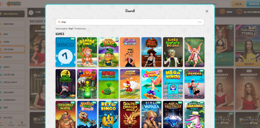 screenshot of Wyns Casino Bingo Section