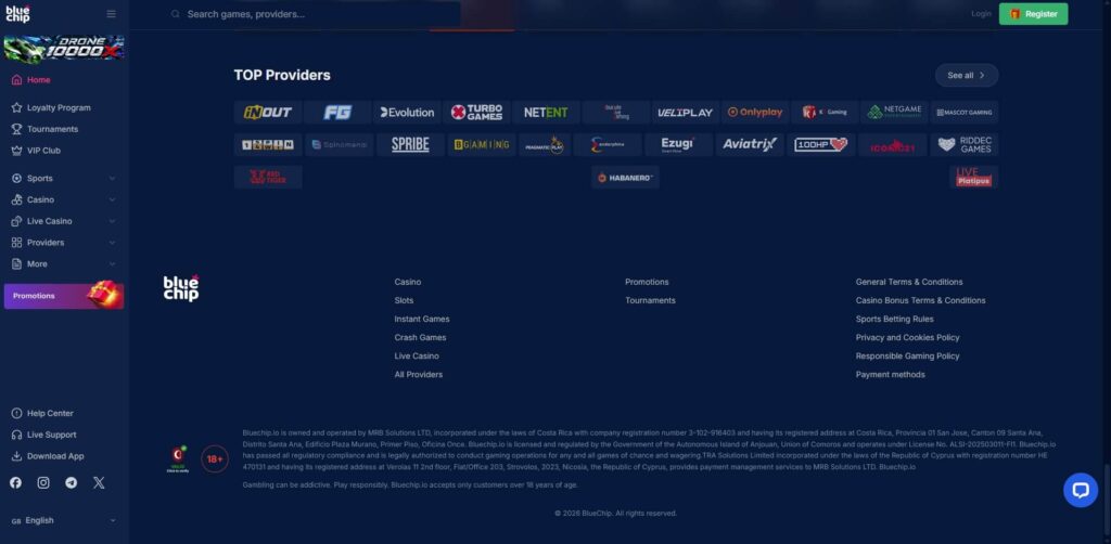 Screenshot displaying BlueChip Casinos proof-of-Anjouan-license-validation