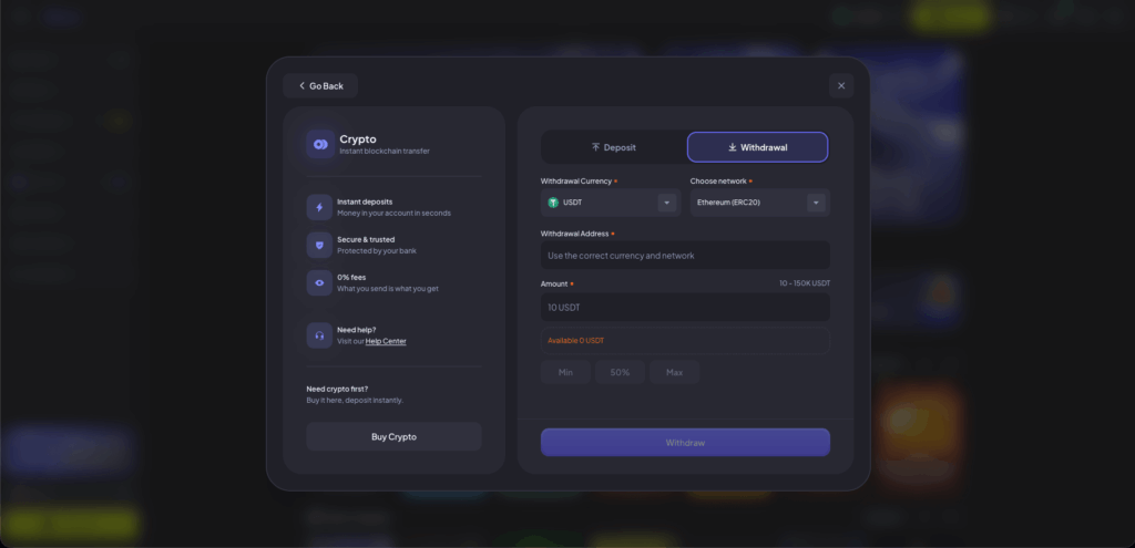 5Bet Casino cryptocurrency withdrawal screen showing USDT selected on the Ethereum (ERC20) network, with withdrawal address and amount fields, a 10 USDT minimum withdrawal, and 0% fees advertised.