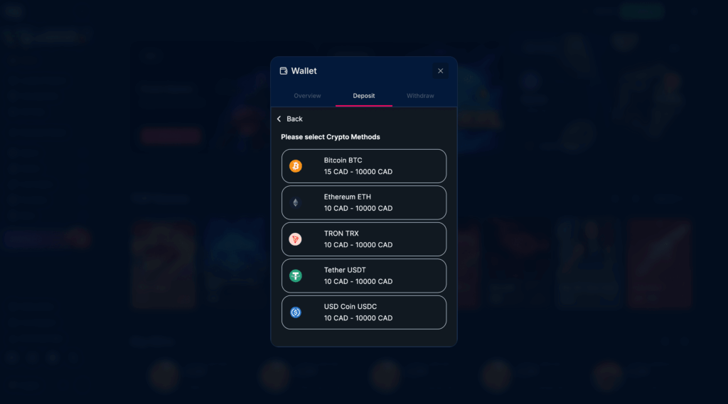 BlueChip Casino's crypto deposit options displaying Bitcoin, Ethereum, TRON, Tether and USD Coin, with minimum deposits of CA$10–CA$15 and a maximum of CA$10,000.