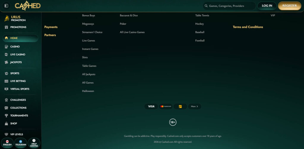 screenshot of Cashed Casino Canada footer section